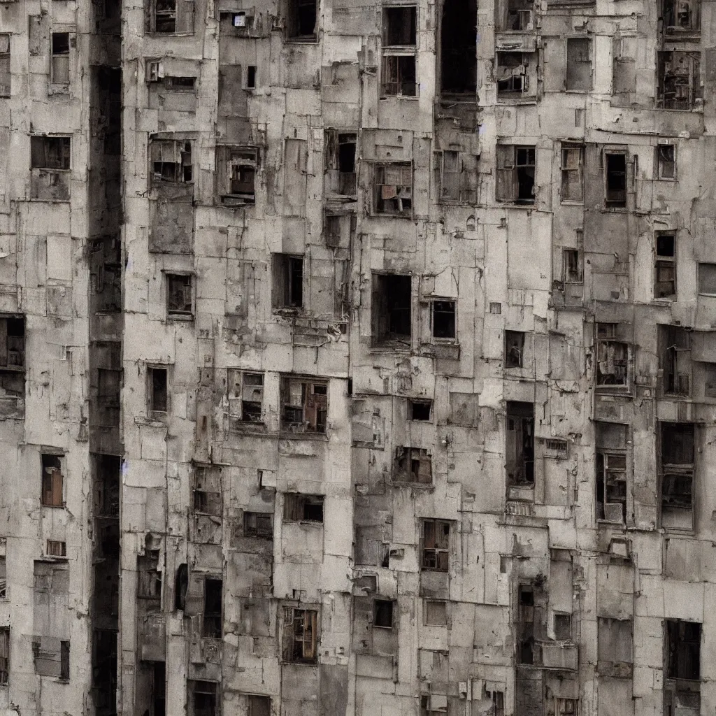 Image similar to close - up view of a tower covered by various different doors, bleached colours, moody cloudy sky, dystopia, mamiya, f 1. 8, very detailed, photographed by bruno barbey