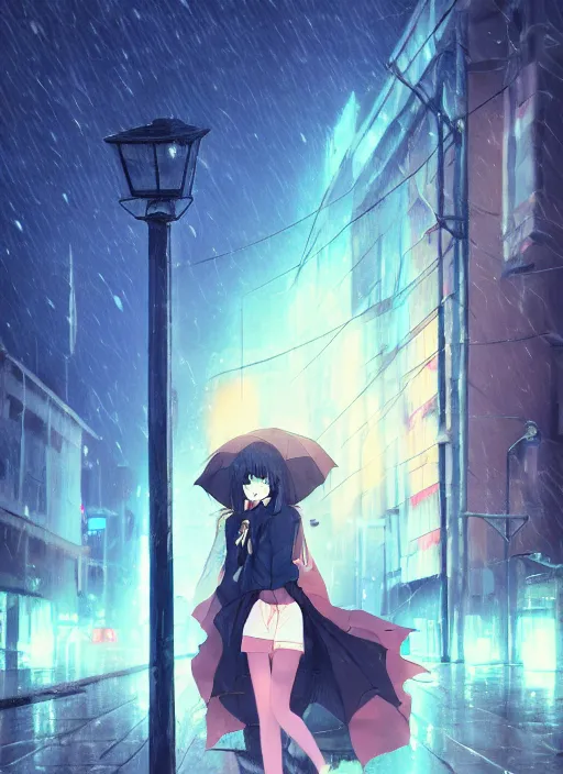 Image similar to listening to music at 2 am, night, pretty girl, pose, rain, lofi, lofi, peaceful, street light, anime key visual, poster, street wears, anime, by wlop, high quality, 4 k, trending, trending on artstation