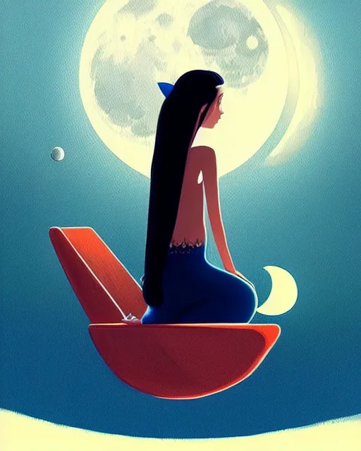 Image similar to beautiful painting of elven sitting on her flying bed and looking at the moon, petros afshar, illustration, highly detailed, simple, smooth and clean vector curves, no jagged lines, vector art, smooth, artstation