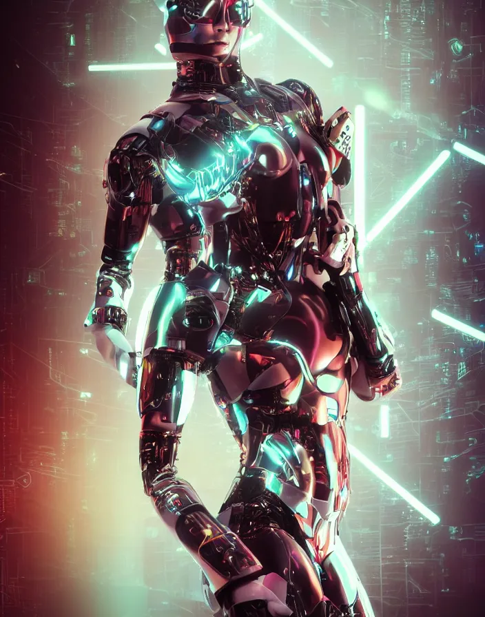 Image similar to full body portrait photo of japanese model cyborg with digital led skin, neon lighting, techno neon projector background, portrait photo, intricate details, ultra realistic, unreal engine 5, depth of field, bokeh, octane render, tron, irobot, bladerunner 8 k hd