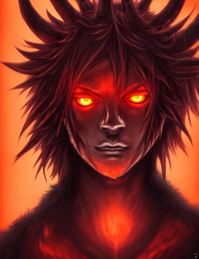 Image similar to a detailed manga portrait of a pitch black demon boy with dark antlers and crimson hair and glowing orange eyes, trending on artstation, digital art, 4 k resolution, detailed, high quality, sharp focus, hq artwork, coherent, insane detail, character portrait