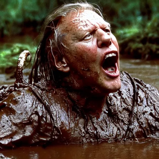 Image similar to cinematic still of sir david attenborough, covered in mud and watching a predator in a swamp in 1 9 8 7 movie predator hd, 4 k