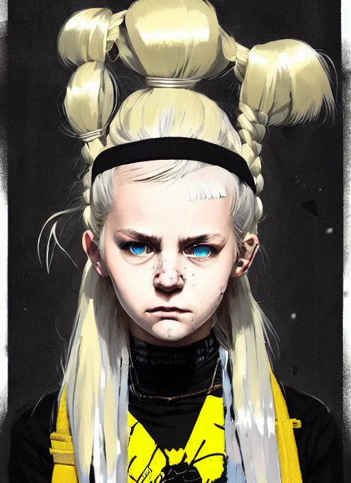 Image similar to highly detailed closeup portrait of a sewer punk pretty swedish female road warrior student, tartan garment, blonde hair pigtails with headband by atey ghailan, by greg rutkowski, by greg tocchini, by james gilleard, by joe fenton, by kaethe butcher, gradient yellow, black, brown and white color scheme, grunge aesthetic!!! white graffiti tag wall background