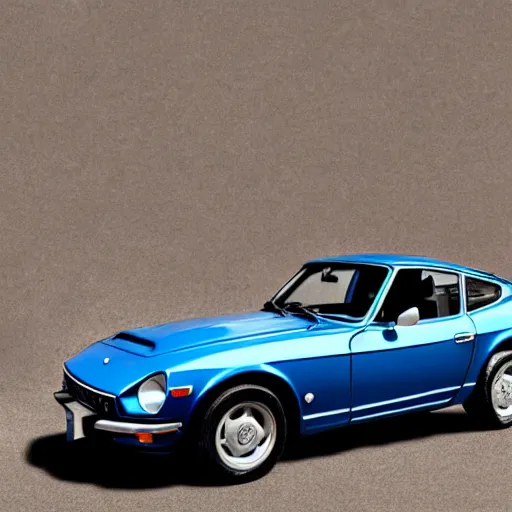 Image similar to a photorealistic image of a blue 1975 Datsun 260Z