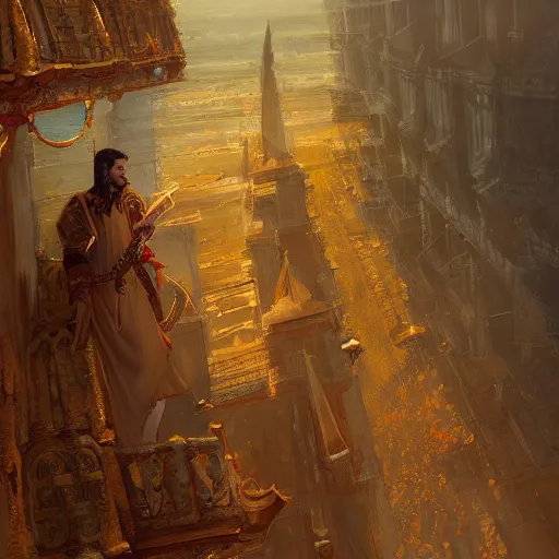 Prompt: A young king in golden clothes making a speech from a balcony, fantasy, highly detailed, digital painting, artstation, concept art, illustration, art by Bayard Wu and Marc Simonetti