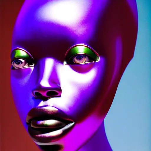 Image similar to portrait of metallic robot face, african woman, iridescent colors, smooth reflections, proud looking away, outdoor, blue sky, 8 k, realistic, depth of field, highly detailed, award winning photography, by richard mosse