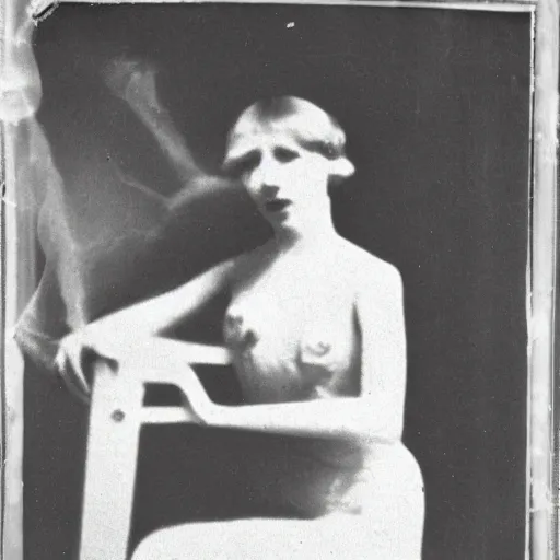 Prompt: 1920 infrared photo taken during a séance showing a spirit medium manifesting ectoplasm
