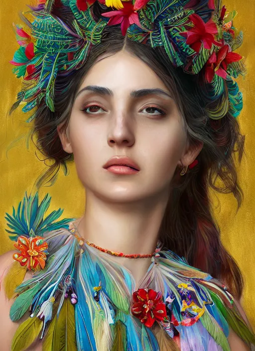 Prompt: beautiful portrait of a mediterranean female wearing fantastic Hand-dyed cotton dress, embellished beaded feather decorative fringe knots ,colorful pigtail,subtropical flowers and plants,symmetrical face,intricate,elegant, highly detailed, 8k,post-processing,digital painting, trending on artstation, concept art, sharp focus, illustration, by artgerm,Tom Bagshaw,Daniel Gerhartz,Albert Aublet,Lawrence Alma-Tadema,Maria Mirage