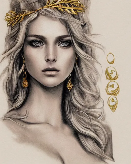 Image similar to tattoo design sketch of cute beautiful blonde super model as aphrodite greek goddess wearing a gold laurel wreath and triangle earrings, beautiful piercing gaze with sharp pupils, in the style of greg rutkowski, fantasy, amazing detail, epic, elegant, smooth, sharp focus, front view