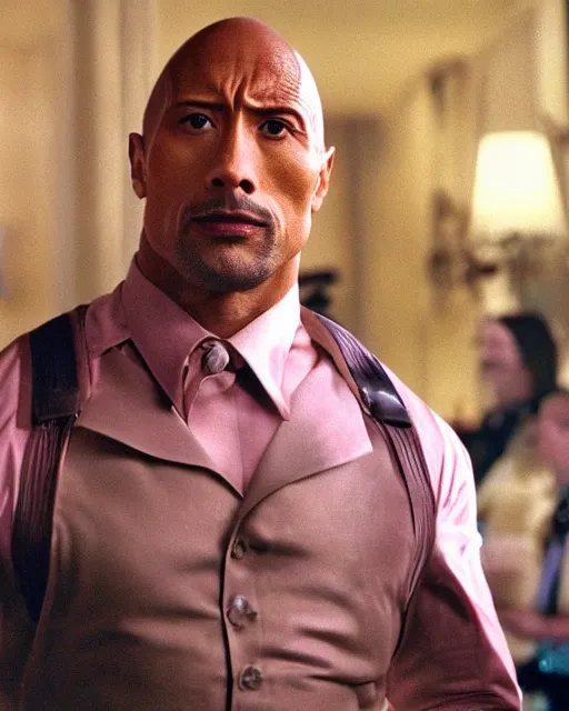 Prompt: film still close up shot of dwayne johnson as inspector clouseau from the movie the pink panther. photographic, photography