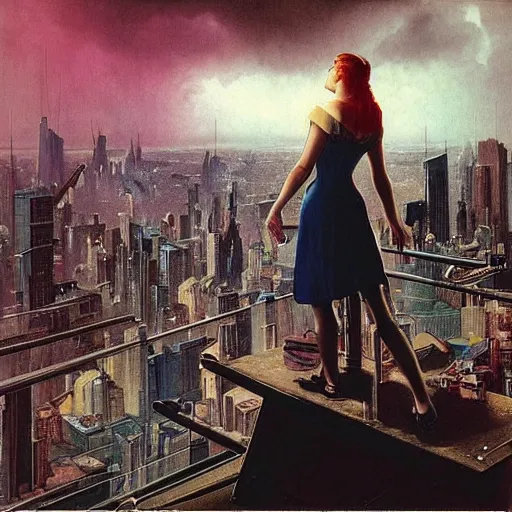 Image similar to “ girl standing on a roof looking down at a futuristic new york city below, ghostpunk, blade runner, cyberpunk, art nouveau, storm clouds, rain, very detailed, by gil elvgren ”