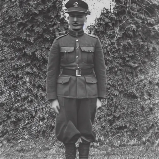 Image similar to a rabbit wearing a ww1 uniform posing in no man's land, black and white grainy photograph