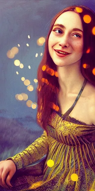 Image similar to a totally enraptured smiling young woman surrounded by golden firefly lights in a mesmerizing scene, sitting amidst nature fully covered, intricate detailed dress, long loose red hair, precise linework, accurate green eyes, small nose with freckles, smooth oval head, expressive emotions, hyper realistic ultrafine portrait by artemisia gentileschi, jessica rossier, artgerm