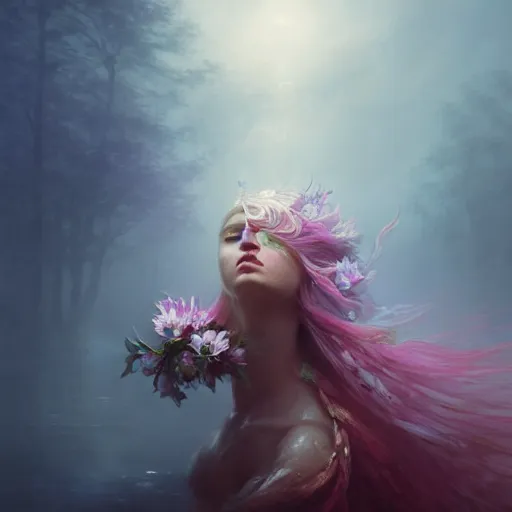 Prompt: cinematic shot epic portrait an flower goddess, glowing eyes, sweaty skin, wet pink flowing hair, flower blurry backround, broad light, ambient occlusion, volumetric light effect, made by ivan aivazovsky, peter mohrbacher, greg rutkowski, matte painting, trending on artstation, 4 k, perfectly defined features, digital painting,