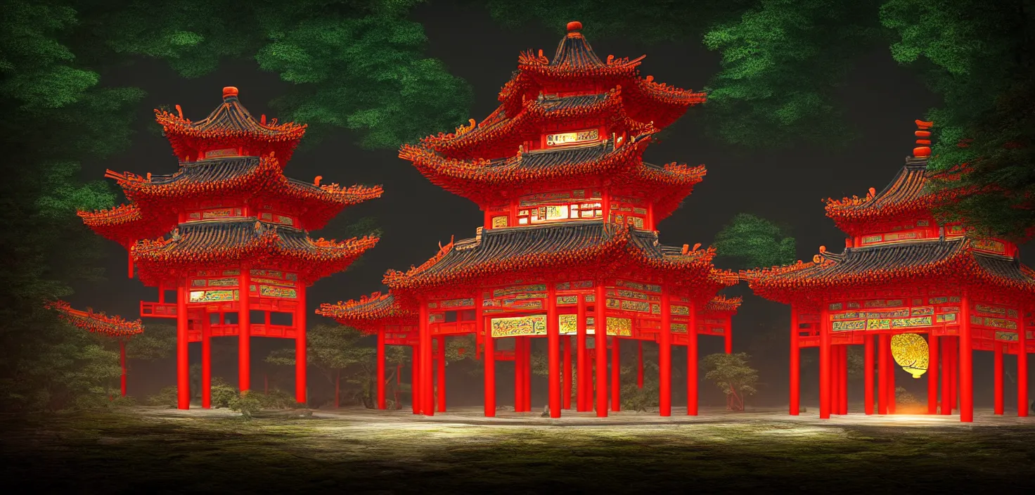 Image similar to a traditional chinese building in the forest at night, big round glowing multicoloured portal house, central symmetrical composition, incredible, vector art, octane render, fabulous, hyper detailed, random cinematic view, no noise, global illumination, warm lighting, volumetric, godrays, vivid, beautiful, by oliver beck