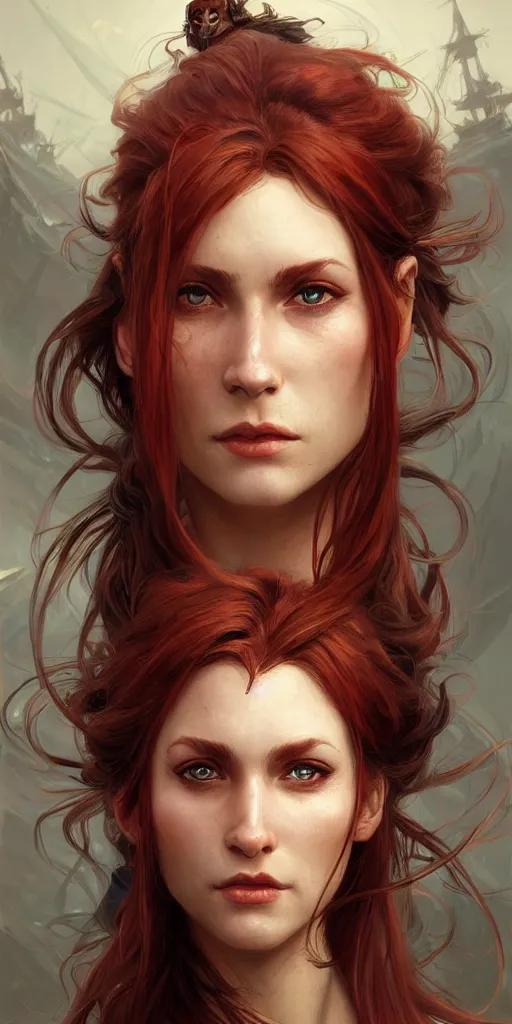 Prompt: portrait of a young ruggedly beautiful but joyful pirate, female, femenine, upper body, red hair, long hair, d & d, fantasy, piercing eyes, intricate, elegant, highly detailed, digital painting, artstation, concept art, matte, sharp focus, illustration, art by artgerm and greg rutkowski and alphonse mucha