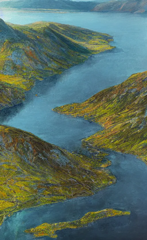 Image similar to nordic fjord, summer morning light, aerial view, beautiful landscape, cinematic light, soft illumination, cinematic composition, wide - angle, atmospheric, oil painting, trending on artstation
