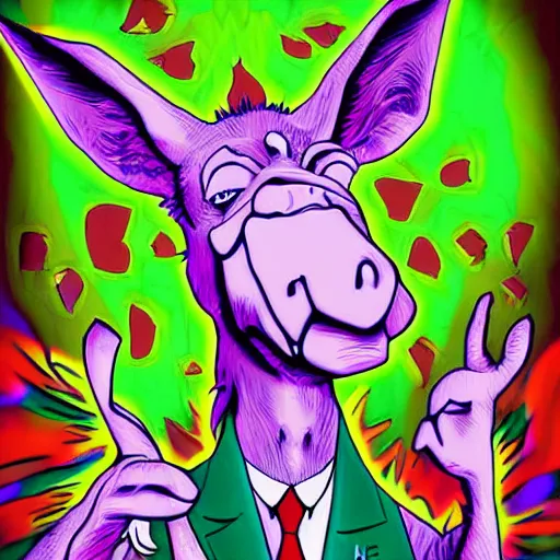 Prompt: psychedelic horror movie poster of an evil donkey scientist, digital art, surreal