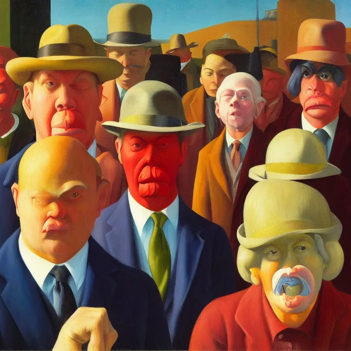 Prompt: group of people pictured in afternoon light, close - up of the faces, anatomically and proportionally correct, surrealist oil painting by edward hopper, francis bacon and rene magritte, detailed