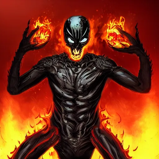 Image similar to ghost rider symbiote, comic strip style, dynamic lighting, fantasy concept art, trending on art station, stunning visuals, creative, cinematic, portrait, ultra detailed