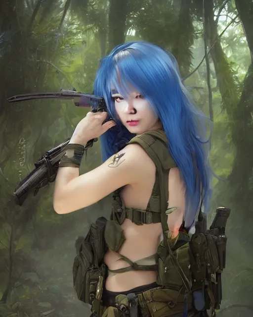 Image similar to stunningly beautifuljapanese girl with blue hair, fantasy art, military girl, army girl outfit, soldier helmet, jungle background, dark light night, sharp focus, digital painting, 8 k, concept art, art by wlop, artgerm, greg rutkowski and alphonse mucha