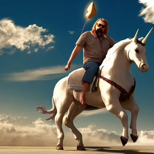 Image similar to big lebowski riding a unicorn, cinematic lighting, award winning photography