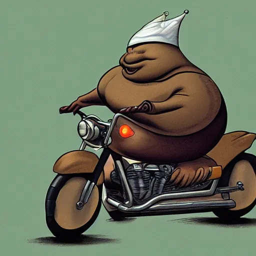 Prompt: fat jabba the hut riding a motorcycle wearing a dunce cap