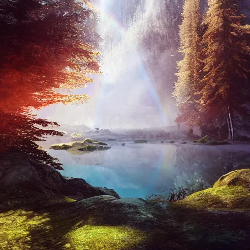 Image similar to an inaccessible alpine lake, beautiful, atmosphere, vibe, mist, rainbow, wet, puddles, fern, flowers, concept art illustration, color page, tone mapping, akihiko yoshida, james jean, andrei riabovitchev, marc simonetti, digital illustration, greg rutowski, volumetric lighting, sunbeams, particles