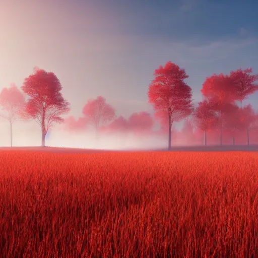 Prompt: A realistic detailed photo of a landscape of a giant field, red grass, red trees, sunny landscape, clear red sky, foggy sky, red particles, light particles, detailed light, realistic shaders, trending on artisation, detailed textures, detailed, realistic.