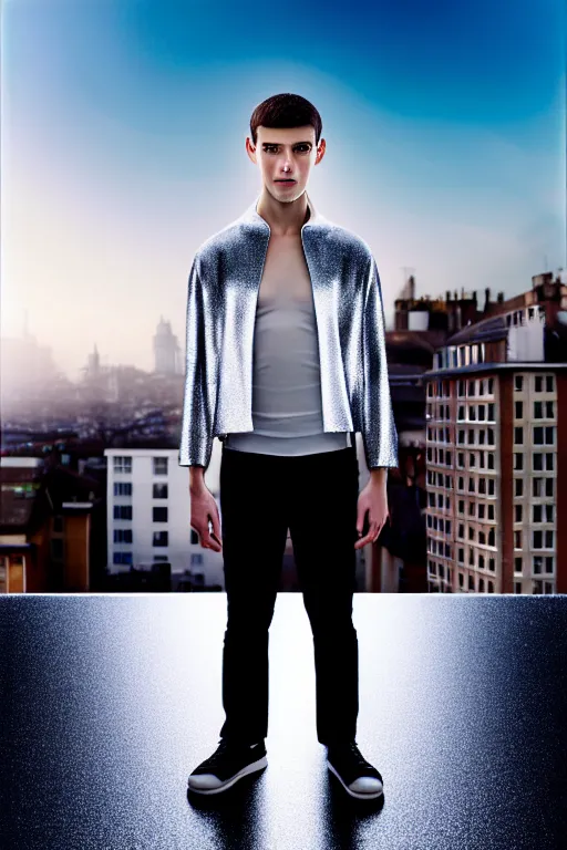 Image similar to un ultra high definition studio quality photographic art portrait of a young man standing on the rooftop of a british apartment building wearing soft padded silver pearlescent clothing. three point light. extremely detailed. golden ratio, ray tracing, volumetric light, shallow depth of field. set dressed.