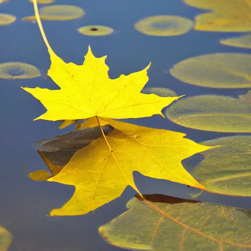 Prompt: close - up of a yellow maple leaf floating on top of a pond