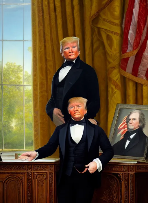 Image similar to portrait of the united states president, 1 8 6 7, donald trump. standing in the oval office. oil on canvas by william sidney mount, trending on artstation