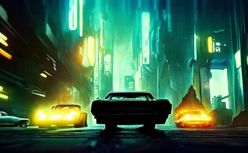 Image similar to car chase though an overgrown destroyed city, epic composition, beautiful lighting, hdr, artistic, cinematic design, by blade runner and rick and morty