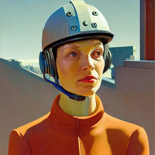 Image similar to Portrait of woman engineer with helmet, very coherent, painted by Edward Hopper, Wayne Barlowe, painted by James Gilleard, airbrush, art by JamesJean