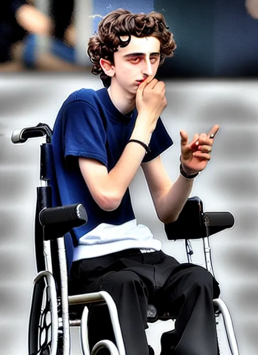 Image similar to timothee chalamet smoking a blunt sitting in a wheel chair, photo, realistic