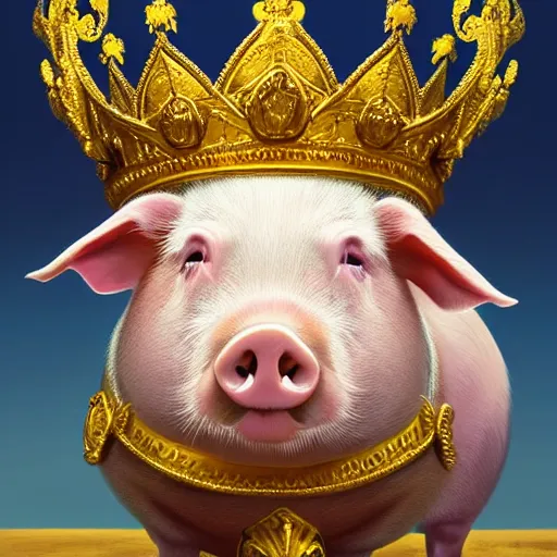 Image similar to an epic painting of a proudly standing pig wearing a gold crown, oil on canvas, golden hour, perfect composition, golden ratio, beautiful detailed, photorealistic, digital painting, artstation, concept art, smooth, sharp focus, illustration, fantasy background, artstation trending, octane render, unreal engine