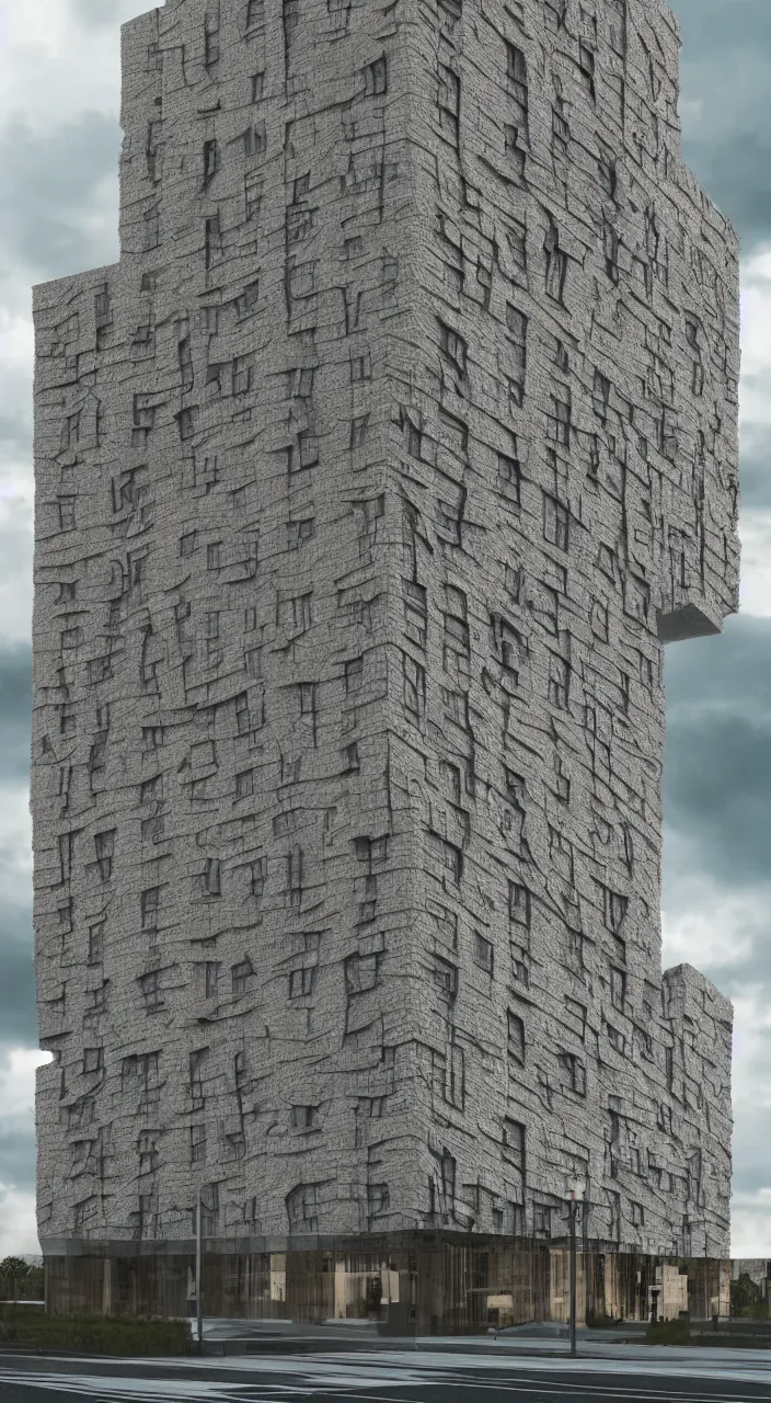 Prompt: intricate sponge patterned building facade with cloudy dramatic sky and grassy meadow, hyperrealism, 4 k octane render, photorealistic concept art, highly detailed