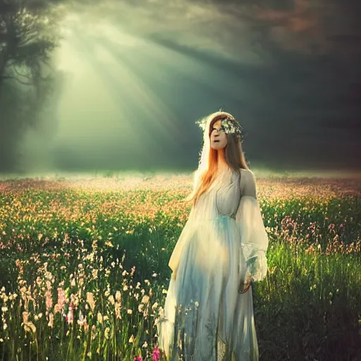 Image similar to A serene and dreamlike scene with a princess in a field of flowers, with a translucent dress and ethereal lighting, light rays, volumetrics, by Jeszika Le Vye