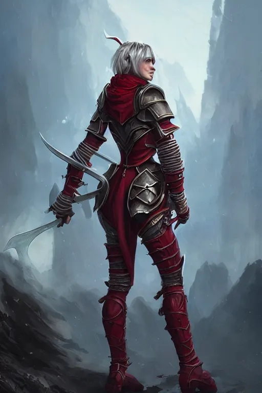 Prompt: Female paladin, dnd, d&d, leggins, red leather armor, looking from behind, visible face, high fantasy, matte painting, by wlop