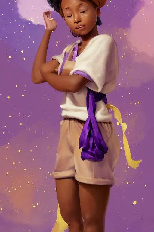 Image similar to Full View of brown skinned girl with short brown skinned hair wearing an oversized purple Beret, Baggy Purple overall shorts, Short Puffy pants made of silk, silk shoes, a big billowy scarf, Golden Ribbon, and white leggings Covered in stars. Short Hair. masterpiece 4k digital illustration by Ruan Jia and Mandy Jurgens and Artgerm and william-adolphe bouguereau, award winning, Artstation, art nouveau aesthetic, Alphonse Mucha background, intricate details, realistic, panoramic view, Hyperdetailed, 8k resolution, intricate art nouveau, in american style pin up.anatomically correct