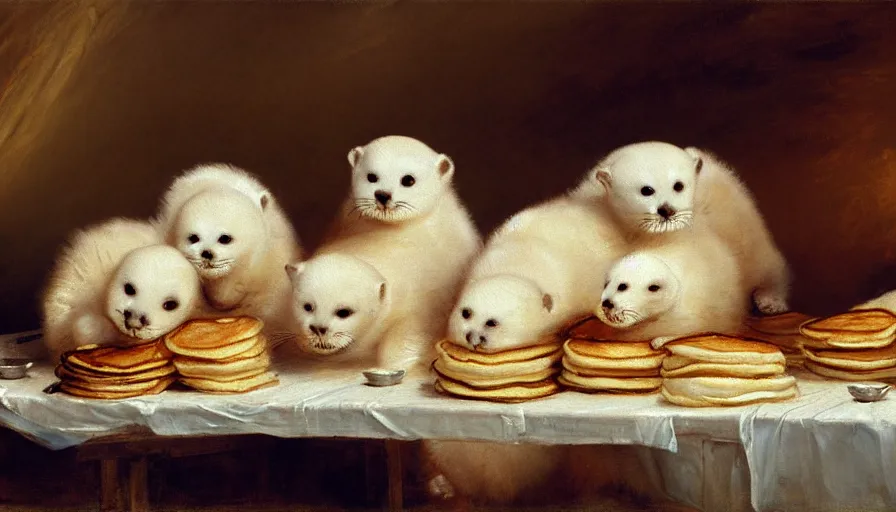 Image similar to highly detailed painting of cute furry white baby seals in a large pile of many pancakes on a table by william turner, by greg rutkowski, by william constable, thick brush strokes and visible paint layers, 4 k resolution