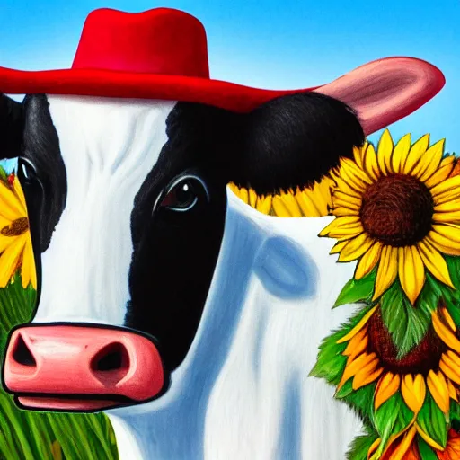 Prompt: head portrait of southern belle cow wearing a red farmers hat, surrounded by sunflowers outside in a field, 4k, illustration