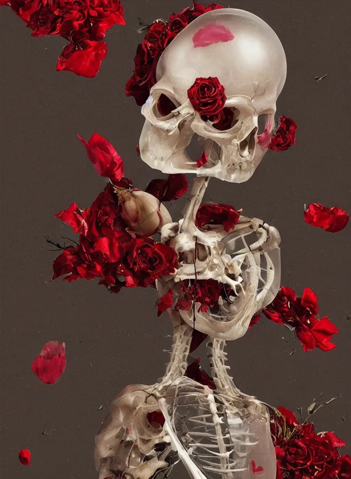 Prompt: transparent transparent transparent woman in a mask of a bird\'s skull with a wreath of roses, dressed in a dress dress dress of red boiling liquid wax wax wax, from under which the bones of the skeleton are visible, flying around the bird bird bird, buds and rose petals, dark background, painted by Caravaggio, Greg rutkowski, Sachin Teng, Thomas Kindkade, Alphonse Mucha, Norman Rockwell, Tom Bagshaw.