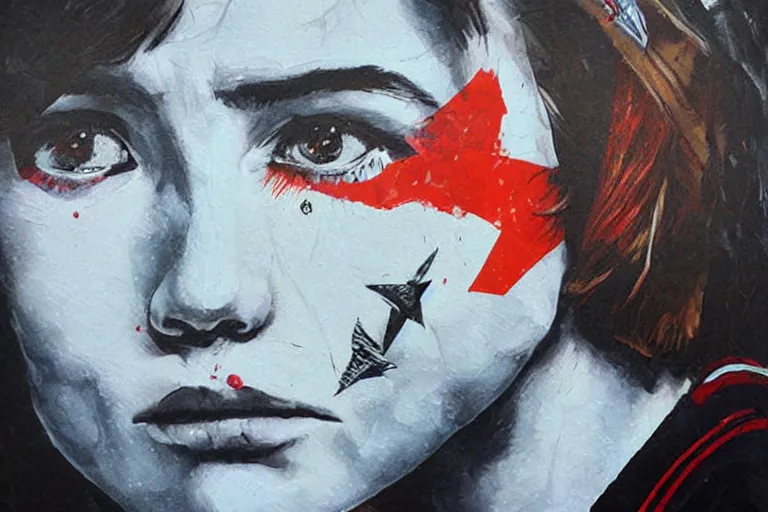 Image similar to a sad female soviet soldier, art by Sandra Chevrier