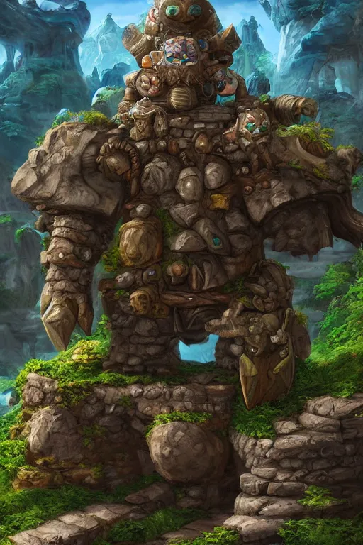 Image similar to zelda fantasy art giant golem troll wood rock greeble gemstone, global illumination ray tracing hdr fanart arstation by sung choi and eric pfeiffer and gabriel garza and casper konefal