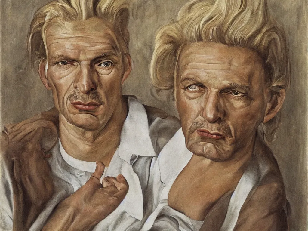 Prompt: portrait of a blonde Californian cult leader. Painting by Lucian Freud, August Sander.