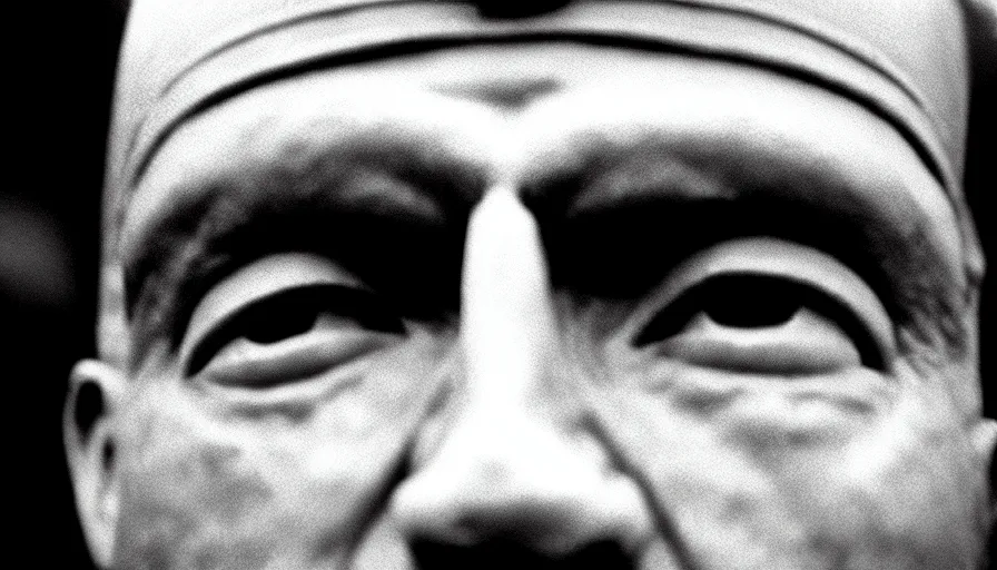 Image similar to 1 9 6 0 s movie still close - up of marcus atilius regulus'face with his eyelids teared off, cinestill 8 0 0 t 3 5 mm b & w, high quality, heavy grain, high detail, texture, dramatic light