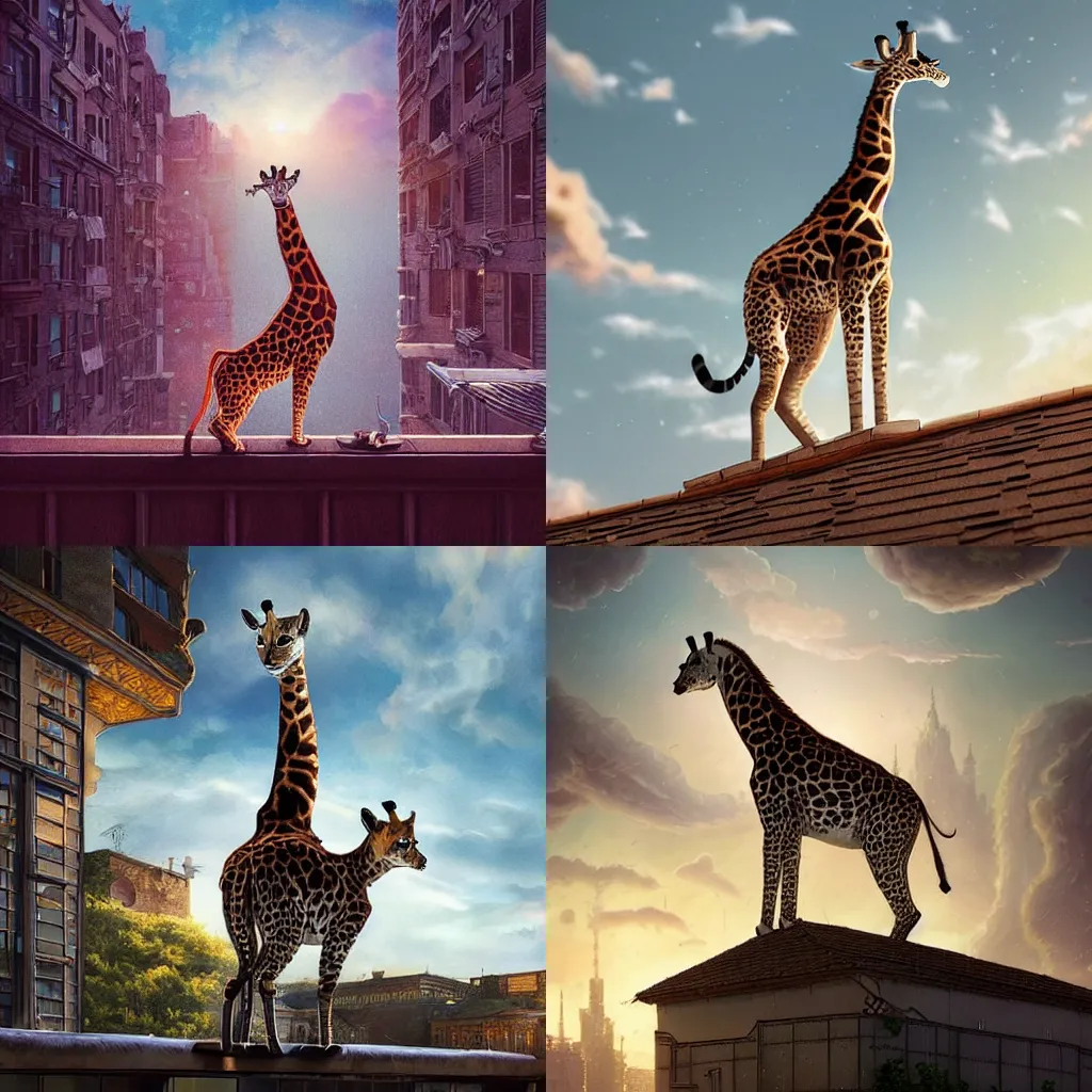 Prompt: a cat as giraffe standing on the rooftop, fantasy, illustration, intricate, epic lighting, cinematic composition, hyper realistic, 8 k resolution, unreal engine 5, by artgerm, tooth wu, dan mumford, beeple, wlop, rossdraws, james jean, andrei riabovitchev, marc simonetti, yoshitaka amano, artstation