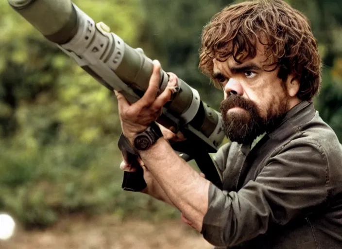 Prompt: peter dinklage holding a rocket launcher, movie still, from the new commando movie, 8 k, realistic