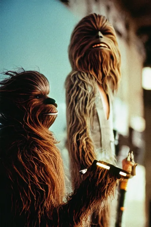 Image similar to photo of chewbacca smoking a cigarette in mos eisley, cinestill 8 0 0 t, 8 5 mm f / 1. 8, bokeh, cinematic